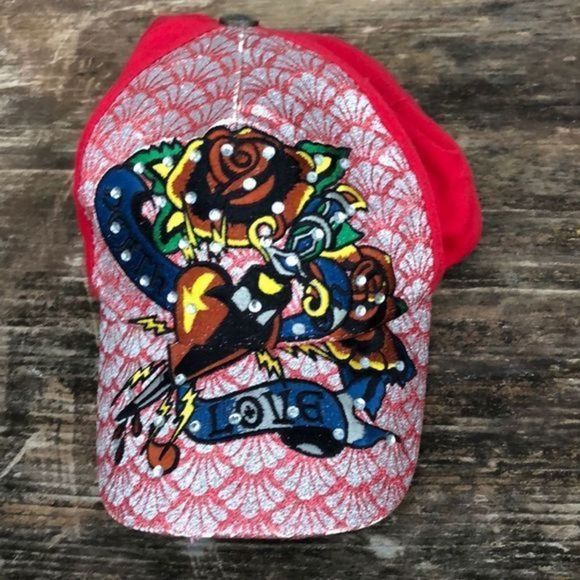 90. Love death bling red hat rose sequin - Picture 1 of 7